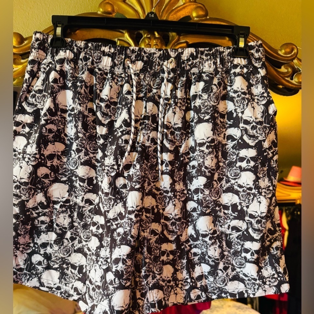Black and White Skull Print  swim Shorts - Picture 2 of 7